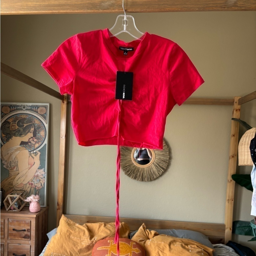 Fashion Nova Red Cropped Lace up High Neck Top Size M - Picture 3 of 4